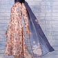 W for Woman Brown Floral Printed Beads Chanderi Flared Kurta, Straight Pant And Dupatta Set