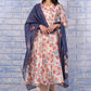 W for Woman Brown Floral Printed Beads Chanderi Flared Kurta, Straight Pant And Dupatta Set