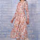 W for Woman Brown Floral Printed Beads Chanderi Flared Kurta, Straight Pant And Dupatta Set