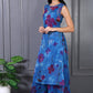 W for Woman Blue Floral Printed Lace Straight Sheer Kurta, Crop Top and Pants Set