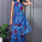 W for Woman Blue Floral Printed Lace Straight Sheer Kurta, Crop Top and Pants Set