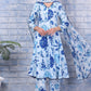 W for Woman Blue Floral Printed Rayon Lace Flared Kurta, Pants and Dupatta Set