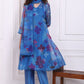 W for Woman Blue Floral Printed Organza Flared Kurta, Pants and Dupatta Set