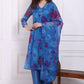 W for Woman Blue Floral Printed Organza Flared Kurta, Pants and Dupatta Set