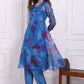 W for Woman Blue Floral Printed Organza Flared Kurta, Pants and Dupatta Set