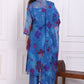W for Woman Blue Floral Printed Organza Flared Kurta, Pants and Dupatta Set