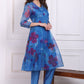 W for Woman Blue Floral Printed Organza Flared Kurta, Pants and Dupatta Set