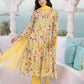 W for Woman Yellow Floral Print Lace Trim Flared Chiffon Kurta with Pant and Dupatta Set