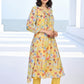 W for Woman Yellow Floral Print Lace Trim Flared Chiffon Kurta with Pant and Dupatta Set