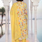 W for Woman Yellow Floral Print Lace Trim Flared Chiffon Kurta with Pant and Dupatta Set