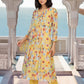 W for Woman Yellow Floral Print Lace Trim Flared Chiffon Kurta with Pant and Dupatta Set