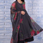 W for Woman Black Floral Printed Beads Organza Flared Kurta, Cropped Flared Pants And Dupatta Set