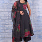 W for Woman Black Floral Printed Beads Organza Flared Kurta, Cropped Flared Pants And Dupatta Set