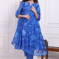W for Woman Blue Floral Printed Lace Flared Kurta, Pants and Dupatta Set