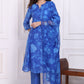 W for Woman Blue Floral Printed Lace Flared Kurta, Pants and Dupatta Set