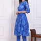 W for Woman Blue Floral Printed Lace Flared Kurta, Pants and Dupatta Set
