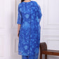 W for Woman Blue Floral Printed Lace Flared Kurta, Pants and Dupatta Set