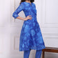 W for Woman Blue Floral Printed Lace Flared Kurta, Pants and Dupatta Set
