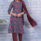 W for Woman Blue Printed Modal Straight Kurta, Pants and Dupatta Set