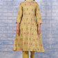 W for Woman Green Floral Printed Lace Pure Cotton Flared Kurta, Straight Pant And Dupatta Set