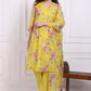 W for Woman Yellow Floral Printed Chanderi Straight Kurta, Pants and Dupatta Set