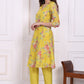 W for Woman Yellow Floral Printed Chanderi Straight Kurta, Pants and Dupatta Set