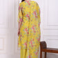 W for Woman Yellow Floral Printed Chanderi Straight Kurta, Pants and Dupatta Set
