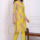 W for Woman Yellow Floral Printed Chanderi Straight Kurta, Pants and Dupatta Set