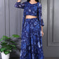 W for Woman Blue Floral Printed Beads Chiffon Flared Crop Top, Jacket and Flared Pants Set
