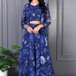 W for Woman Blue Floral Printed Beads Chiffon Flared Crop Top, Jacket and Flared Pants Set