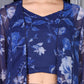 W for Woman Blue Floral Printed Beads Chiffon Flared Crop Top, Jacket and Flared Pants Set
