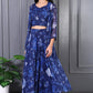 W for Woman Blue Floral Printed Beads Chiffon Flared Crop Top, Jacket and Flared Pants Set
