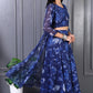 W for Woman Blue Floral Printed Beads Chiffon Flared Crop Top, Jacket and Flared Pants Set