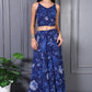 W for Woman Blue Floral Printed Beads Chiffon Flared Crop Top, Jacket and Flared Pants Set