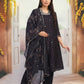 W for Woman Black Embroidered A-Line Kurta with Straight Pant and Dupatta Set