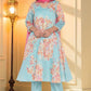 W for Woman Blue Printed Chanderi Flared Kurta, Straight Pant and Dupatta Set