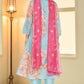 W for Woman Blue Printed Chanderi Flared Kurta, Straight Pant and Dupatta Set