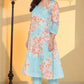 W for Woman Blue Printed Chanderi Flared Kurta, Straight Pant and Dupatta Set