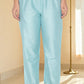 W for Woman Blue Printed Chanderi Flared Kurta, Straight Pant and Dupatta Set