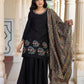 W for Woman Black Floral Thread Embroidery Straight Woven Kurta with Flared Pant and Dupatta Set