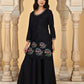 W for Woman Black Floral Thread Embroidery Straight Woven Kurta with Flared Pant and Dupatta Set