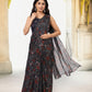 W for Woman Black Floral Printed Sequined Pre-draped Georgette Saree with Blouse