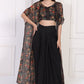 W for Woman Black Floral Printed Embellished Georgette Crop Top with Cape and Skirt Set