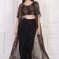 W for Woman Black Floral Printed Embellished Georgette Crop Top with Cape and Skirt Set