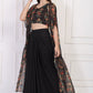 W for Woman Black Floral Printed Embellished Georgette Crop Top with Cape and Skirt Set
