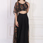 W for Woman Black Floral Printed Embellished Georgette Crop Top with Cape and Skirt Set