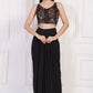 W for Woman Black Floral Printed Embellished Georgette Crop Top with Cape and Skirt Set