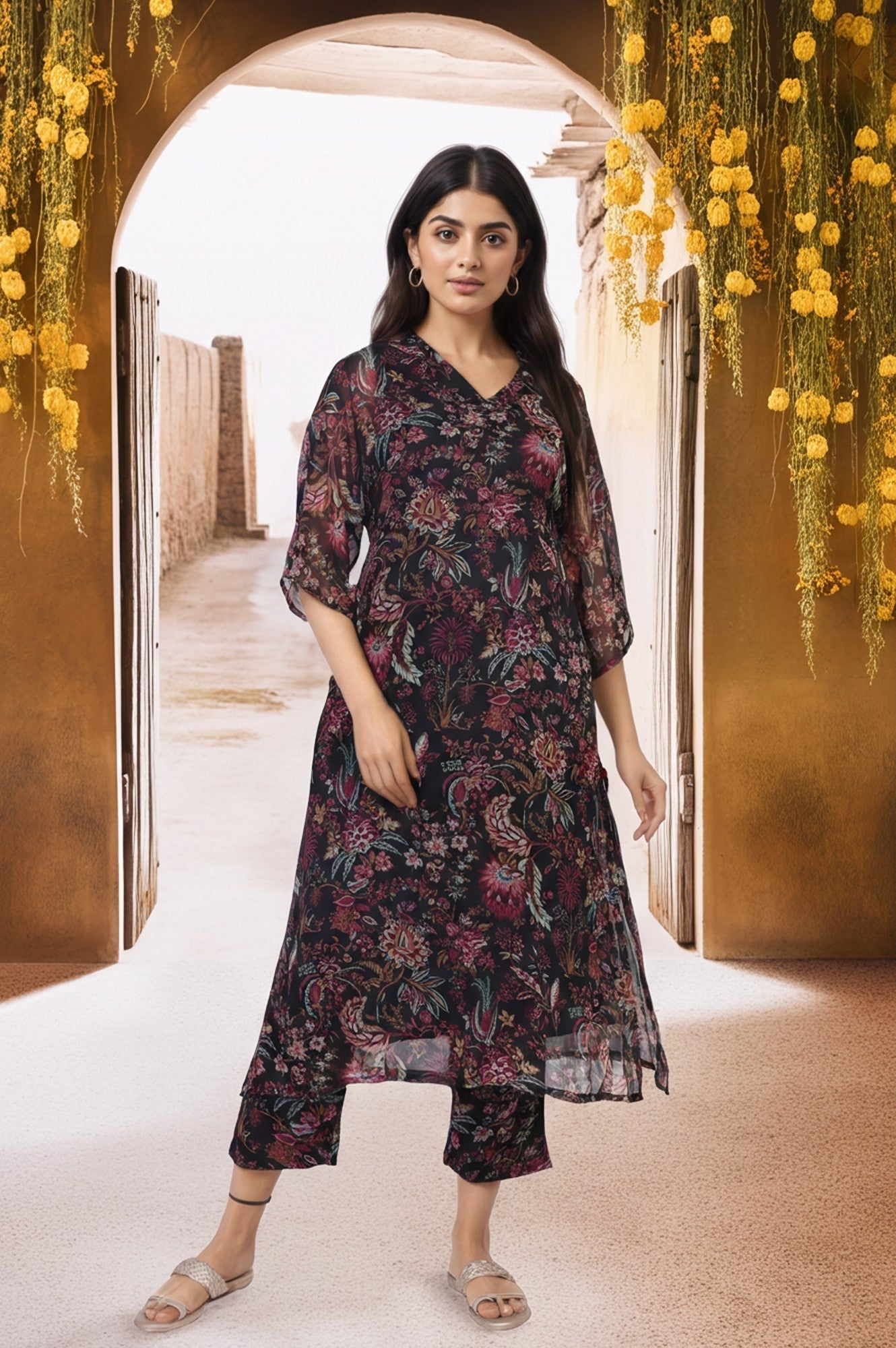 W for Woman Black Floral Printed Embellished A-Line Georgette Kurta with Pant Set
