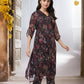 W for Woman Black Floral Printed Embellished A-Line Georgette Kurta with Pant Set