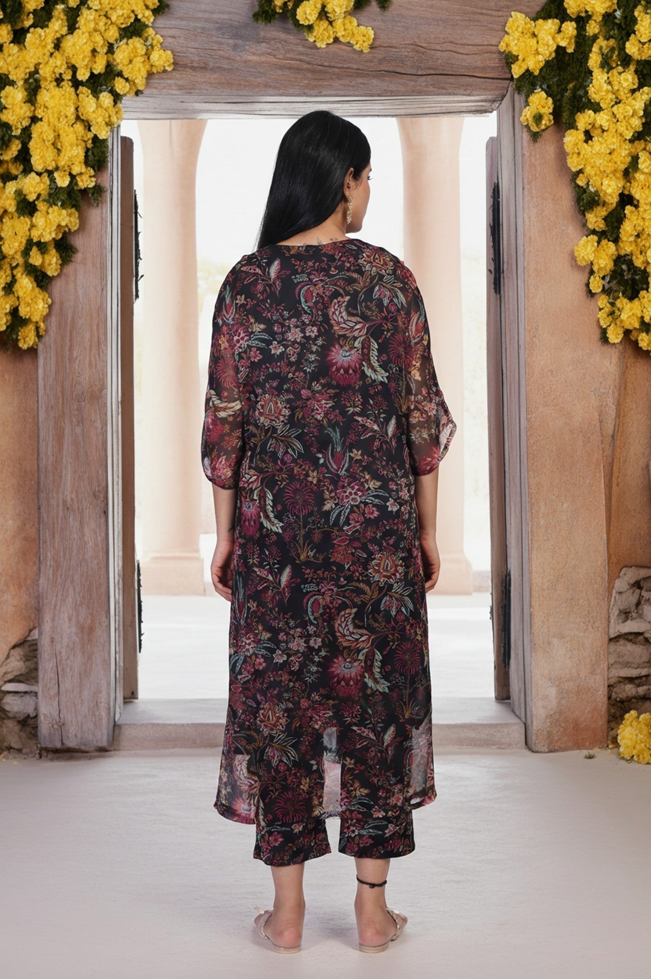 W for Woman Black Floral Printed Embellished A-Line Georgette Kurta with Pant Set